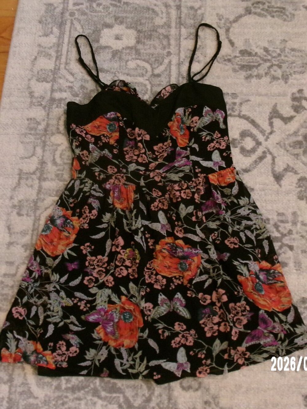 Kimchi Blue Tropical Floral Sundress Sz 4 Black Floral Mini Dress Open Tie Back